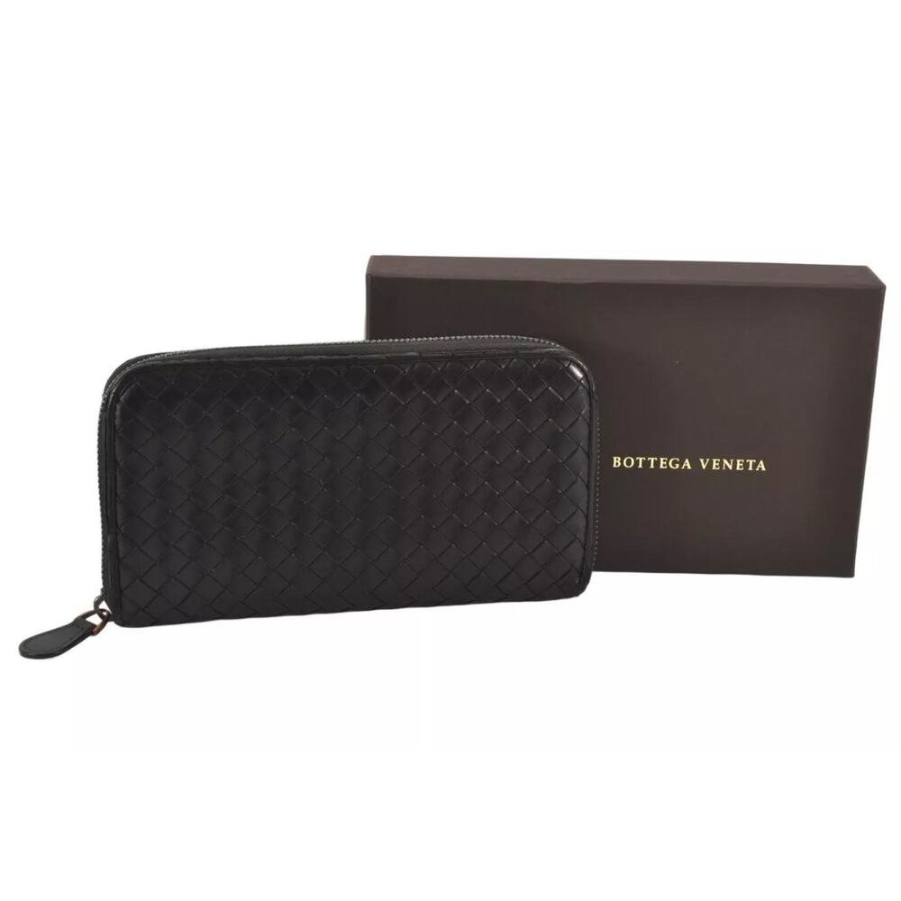 Authentic BOTTEGA VENETA Intrecciato Leather Long Wallet Purse Black Box 9891K.